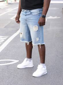 Plus Size Men's Bleached Distressed Denim Shorts, Light Blue Frayed Hem - Blue - View 4