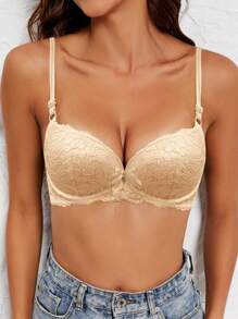 Women's Sexy Lace Push-Up Lingerie Bra, Cleavage & Side Support, Adjustable Straps, Minimizes Sagging, Nude Color Bridal Lingerie Bra