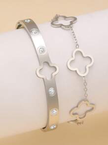 Polished Stainless Steel Four-Leaf Clover Zirconia Bracelet And Bangle Set, Fashionable Jewelry Accessories For Women, Suitable For Elegant Daily Wear And Party, Ideal Gift For Valentine's Day