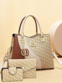 全新时尚高端三件套母女包印花女士手提包 - 卡其色 - 查看 5