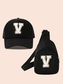2 件儿童字母卡车设计棒球帽 + 女童迷你背包套装，轻便便携式零钱包，适合户外防晒