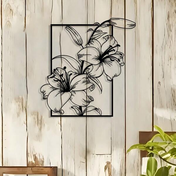 1 Piece Black Wrought Iron Lily Flower Metal Wall Art, Framed Line Art Sign, Home Decor, Wall Hanging, Room Decor, Outdoor Decor, Living Room, Bedroom, Dining Room, Office, Bathroom, Garden, Patio, Gift Idea Gifts Birthday Graduation