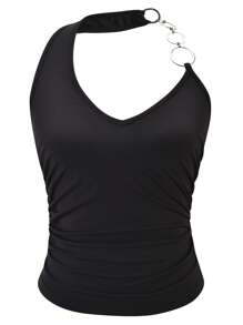 Women Summer Sexy Hardware Detail V-Neck Slim Fit Open Back Crop Top - Black - View 2