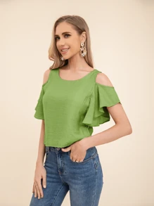 Blusa ribete con fruncido de hombros descubiertos - Verde - Ver 4