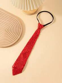 1 儿童领带，单色纯色亮片珠子领带，拉链松紧带，无结镶嵌宽松领带，适合舞台、派对表演、返校季领带，男童花童婚礼领带