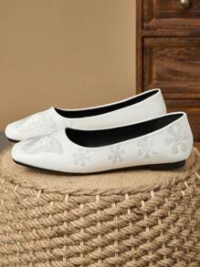 WHDXY 1 双女士中国风刺绣方头复古一脚蹬芭蕾平底鞋，适合所有季节的舒适乐福鞋