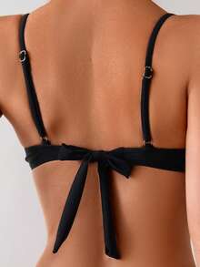 Women's Contrasting Solid Color Patch Steel Holder Bikini Two Pieces Set, Suitable For Summer Island Vacation Swimming - Black - View 5