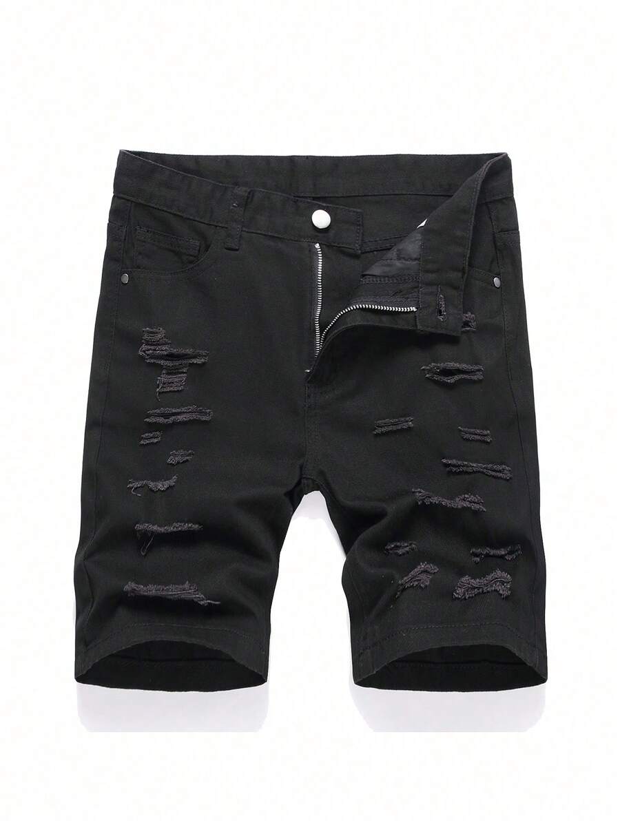 Tween Boy Casual Distressed Denim Shorts With Pockets - Black - View 1