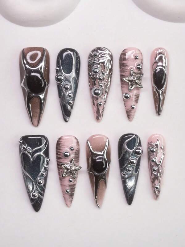Handmade Y2K Almond-Shaped Acrylic Nails, Spring/Summer Style, 10pcs/Set, 3 Size Options, Pink & Blue Cat Eye Shaped Nail Tips With Asymmetrical Liquid Metal Patterns, Stars, Steel Balls, And Heart Elements, Suitable For Party, Wedding, Daily Wear, Includes Tool Kit, Great Gift For Women And Girls