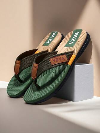 Chanclas Nuevo diseño 2025 para hombres, estampado de letras VZVA de color patchwork, sandalias casuales de exterior antideslizantes, livianas pero gruesas, de fácil deslizamiento, aptas para conducir, exteriores, playa, viajes, hogar, baño, suela suave y cómoda, zapatillas verdes para hombres