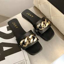 2024 New Fashion Women's Slippers Square Toe Chain Slippers Flat Slide Sandals Beach Flip Flops Metal Dration Casual Shoes