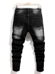 Men's Button Front Pocket Elastic Distressed Denim Jeans, Emo Style, Grunge