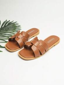 Plus Size Simple French Style Woven Flat Slide Sandals For Women, Versatile Comfy Casual Beach Slippers - Brown - View 4