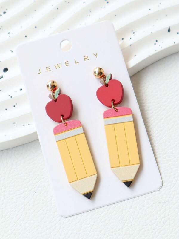 1 Pair Teachers' Day/Back To School/Graduation Acrylic Baked Enamel Apple & Pencil Shaped Cute Earrings, Creative Personalized Earrings For Holiday Party Gift