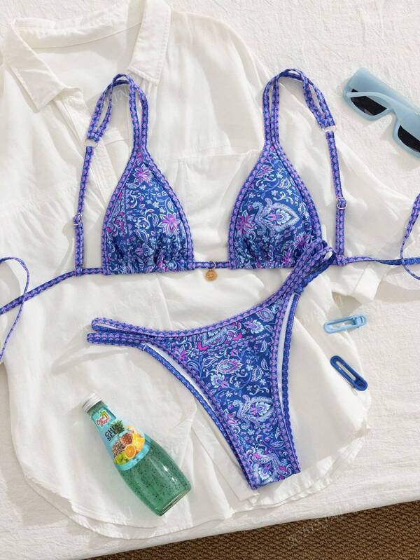 New Soft Padding Blue Floral Thick Strap Adjustable Back Tie Open Back Beach Wear Party Bikini Set, Elegant Women's Bikini For Summer Beach