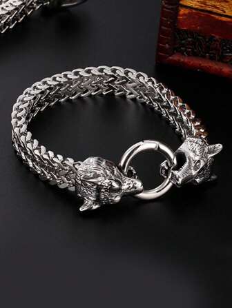 1PC New Stainless Steel Viking Double Wolf Head Bracelet With Spring Ring Men's Motorcycle Hip-Hop Rock Cuff Bracelet Casual Jewelry Gift