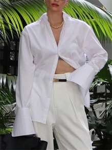 Womens Summer Striped Plain Shirts Long Sleeve Button Down Loose Tops Lightweight Blouses Streetwear - White - View 3