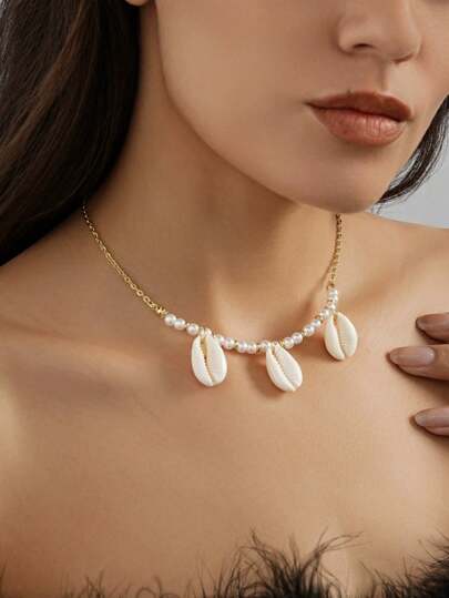 1 件百搭波西米亚风格人造珍珠和贝壳吊坠项链，适合男士和女士日常佩戴，华丽的海滩珠宝礼物