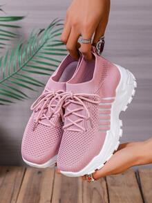 زوج واحد من أحذية رياضية لون وردي ثابت ناعمة ومريحة للنساء، مصنوعة من الأنسجة المنسوجة، التهوية، مناسبة للمدرسة والعمل والجري والرياضة والنزهات والحفلات والعشاء والتسوق والمواعدة، أحذية كاجوال مختلفة الاستخدامات ذات تصميم عصري - وردي - مشاهدة 3