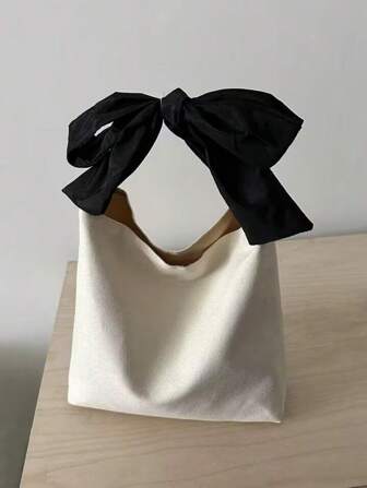 Fashion Cute Bow Handbag, Casual Canvas Shoulder Bag, Suitable For School, Work, Dating, Cute Bow Bag For Women