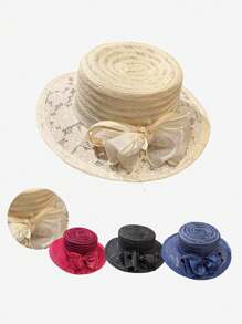 1pc Women's Solid Church Hat, Elegant Street Vintage Bohemian Organza Bow Flat Top Sun Hat, Breathable Outdoor Beach Hat For Women, Suitable For Daily, Street, Party, Travel In Summer - A - View 12