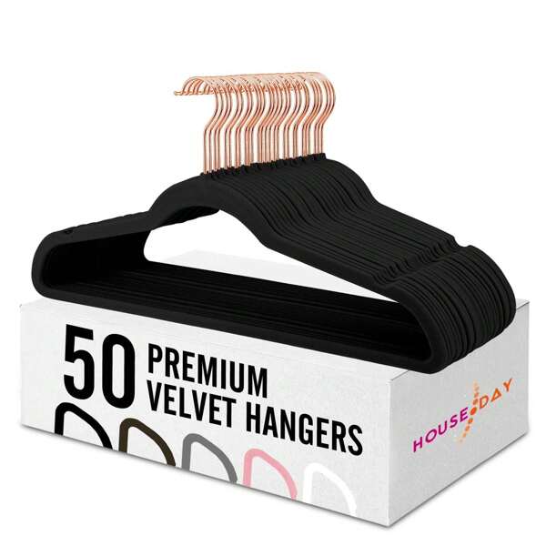 50 Stück Kleiderbügel Samt Schwarz, kleiderschrank organisation, Hosenbügel Platzsparend, Anzugbügel, Dünne Kleiderbügel rutschfest, 360° Drehbarer Haken, Samtbügel für Kleider, Trägertops, Schwere Kleider- Schwarz