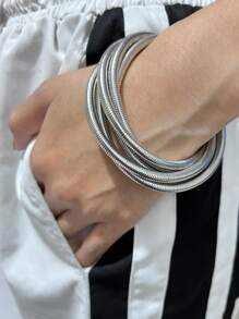 Multi-Layer Woven Hollow Metal Bangle Bracelets, Elastic & Adjustable, Great Gift For Women & Girls - Silver - View 2