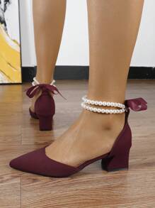 Cravure 2025秋冬新款时尚女士酒红色高跟鞋，珍珠蝴蝶结粗跟尖头凉鞋，夏季中跟玛丽珍鞋，优雅，适合派对、婚礼等场合。 - 酒紅色 - 查看 5