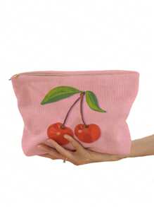 1pc Corduroy Cosmetic Bag, Birthday Gift For Women, Toiletry Bag, Makeup Storage Pouch, Gifts For Best Friends, Cherry Pattern