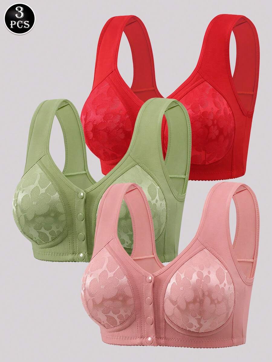 3 Peças/Pacote Sutiã Com Fechamento Frontal Sem Arame, Confortável, Com Decoração de Renda Para Mulheres