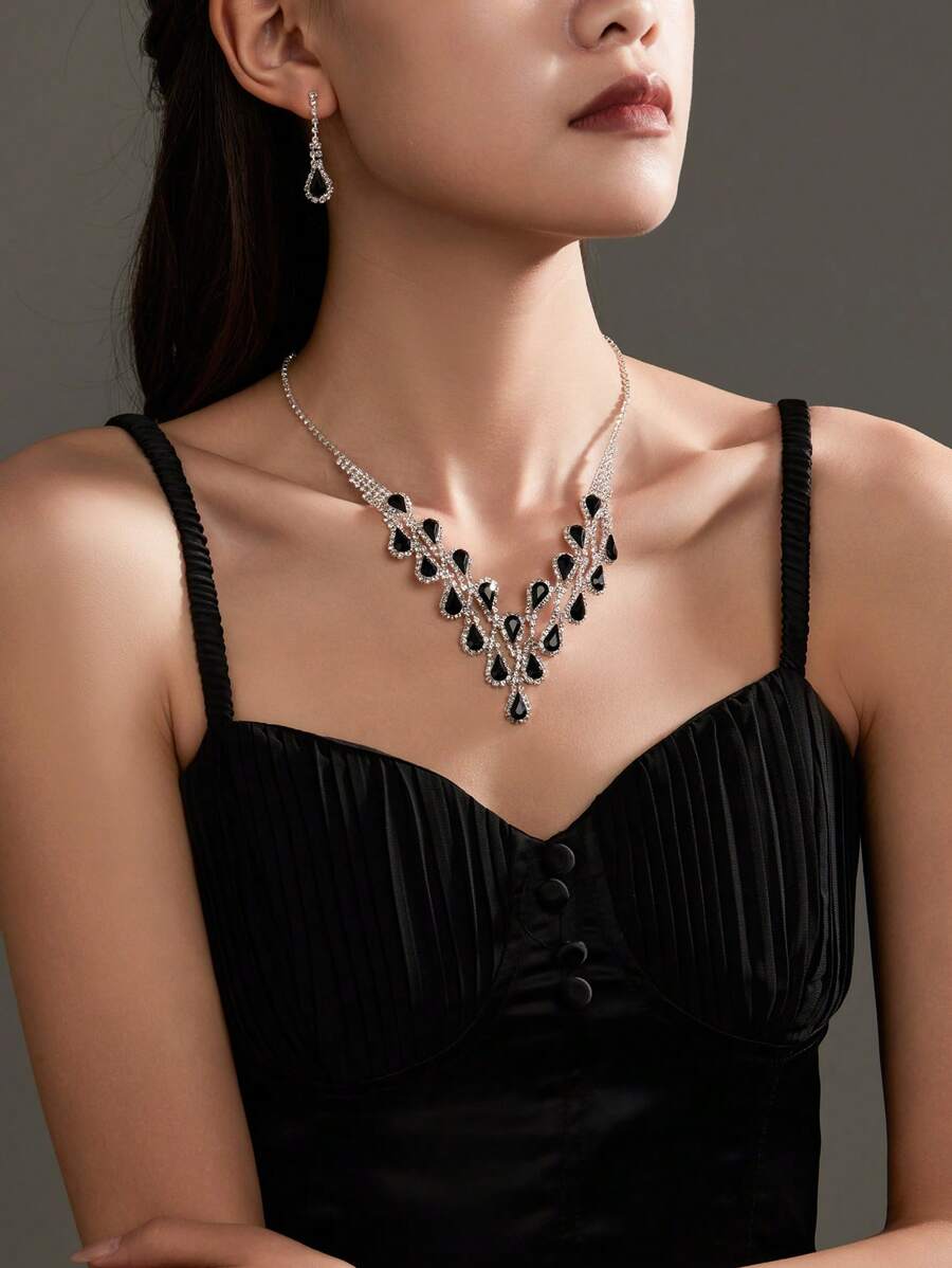 Supra Diamanto Elegant Glamorous Queen CZ Crystal Necklace Earrings Set Wedding Latin Ballroom Dance Campus Party Jewelry 3 In 1 - Multicolor - View 1