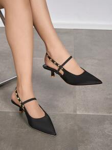 女士时尚优雅舒适尖头黑色露跟高跟鞋，铆钉装饰，设计简约 - 黑色 - 查看 3