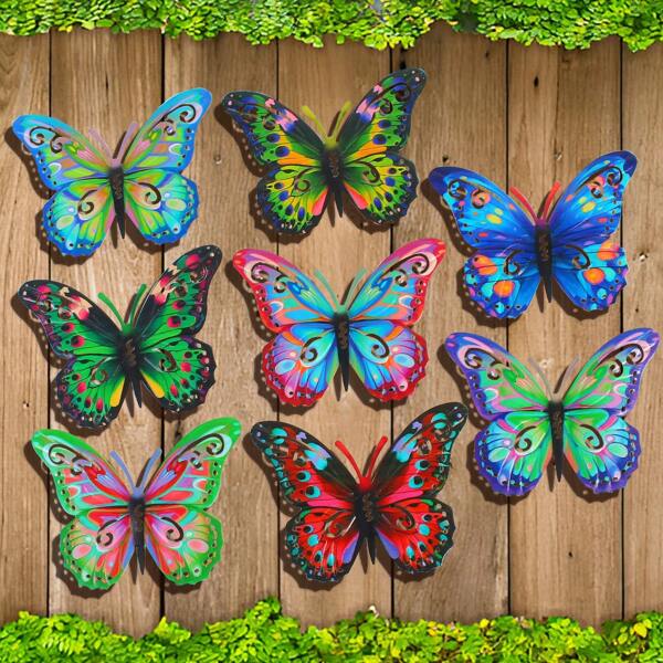 8 pièces d'art mural en métal 3D de papillons colorés, 8 pièces de papillons suspendus pour le jardin, la terrasse, la clôture, la décoration de la cour - cadeaux pour le printemps, l'été, l'automne, l'hiver