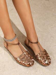 Sandalias planas de tiras en forma de T huecas de bronce, sandalias planas de estilo bohemio versátil para mujeres - Bronce - Ver 3