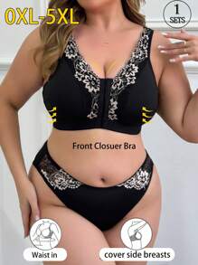 Plus Size Women Lace Patch Wireless Comfortable Lingerie Set - Black - View 1