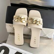 2024 New Fashion Women's Slippers Square Toe Chain Slippers Flat Slide Sandals Beach Flip Flops Metal Dration Casual Shoes