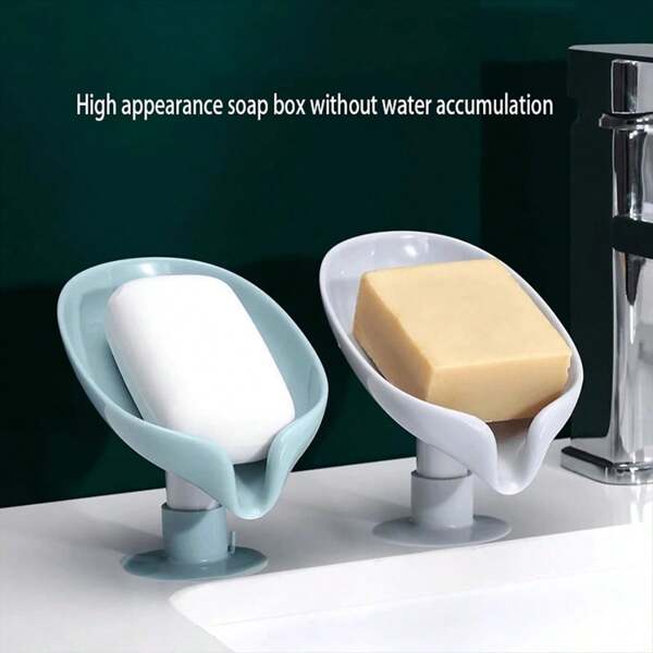 1pc, Leaf-Shaped Soap Box With Suction Tray, Drain Soap Holder Suitable For Shower Sponge Containers, Kitchen And Bathroom Accessories, Kitchen, Bathroom, Toilet Wall Mounted Soap Box Suction Holder, No Drilling Creative Drip Proof Storage Home Bathroom Decor Summer