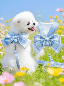 Pet Cute Bowknot Collar Dress With Harness, Leash, Cat Clothes, Dog Vest
