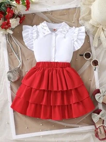 Young Girls Casual Fashion Lapel Beaded Top + Fashionable All-Match Solid Color Skirt Two Pieces Set - White - View 1