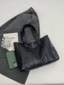 男女通用时尚PU皮革手提包，简约纯色，多功能肩背/腋下手提包，适合休闲、通勤、购物、旅行和上学/大学等场合，大容量女士手提包 - 黑色 - 查看 9