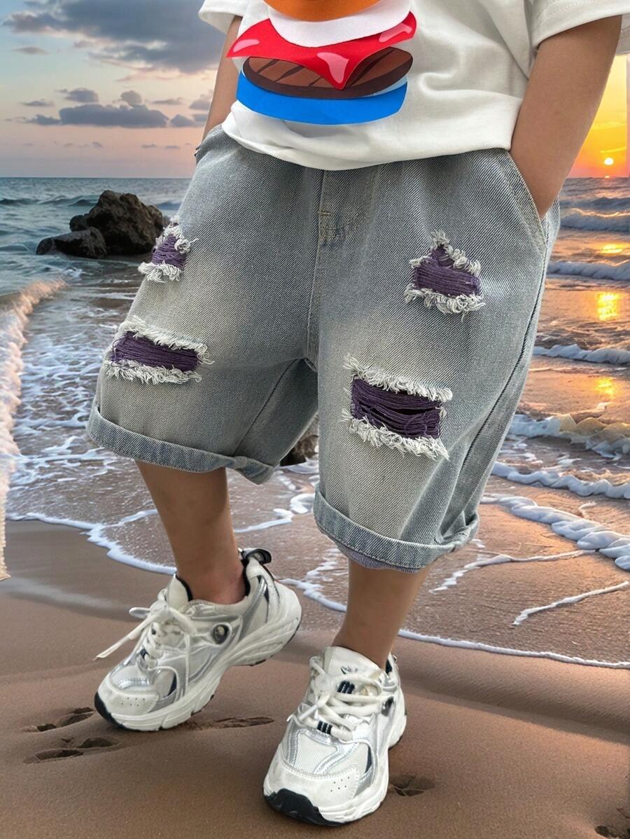 Young Boys' Loose Fit Ripped Denim Cropped Shorts, Summer - Blue - View 1