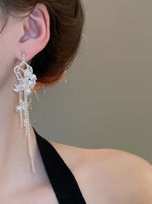 Silver Flower Faux Pearl Chain Tassel Earrings, Suitable For Daily Wear - Silver - View 3