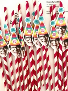12 Pcs Customized Number & Face Party Paper Straws, Pink Theme Birthday Party Decor, Bachelorette Party Supplies, Women's Day Holiday Decor, Birthday Hat, Pink & Blue Striped Paper Straws, Best Gift For Girls,Brunch-Ready - Multicolor - View 8