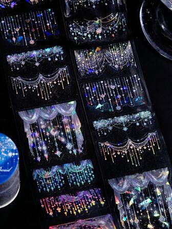 1 卷（1 米）PET 全息贝壳闪亮银色激光蕾丝蝴蝶珠窗帘胶带，DIY 装饰剪贴簿、日记、切割模板返校