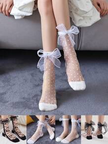 1/2/4 Pairs Lace Trim Sheer Glass Silk Knee High Socks, Transparent Crochet Lolita Socks, Thin Mesh Bow Ankle Socks, Women Hosiery Stockings - Multicolor - View 1