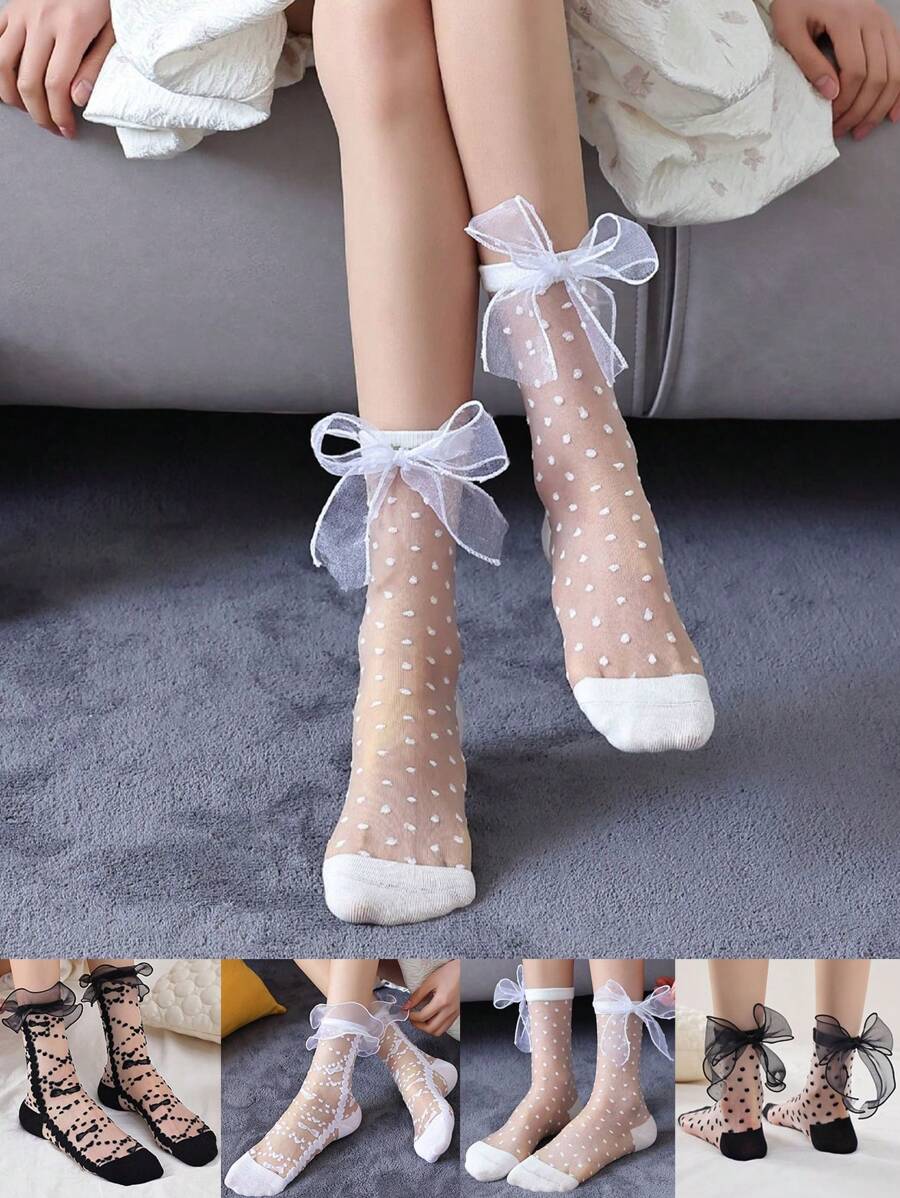 1/2/4 Pairs Lace Trim Sheer Glass Silk Knee High Socks, Transparent Crochet Lolita Socks, Thin Mesh Bow Ankle Socks, Women Hosiery Stockings - Multicolor - View 1