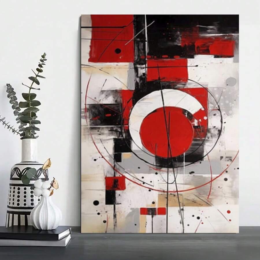 1pc Framed Abstract Geometry Canvas Wall Art Red Black White Abstract Painting Abstract Red Wall Art Red And Black Geometric Art Print Red And Black Office Pictures For Living Room Bedroom 2D