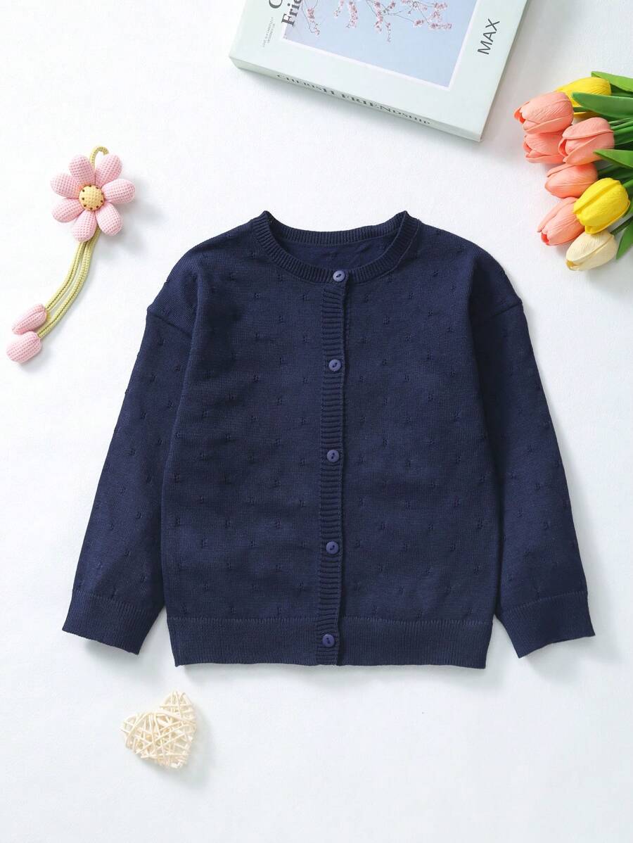 Girls Hollow Out Knitted Long Sleeve Cardigan Outerwear, Solid Color, Thin, For Spring/Summer - 寶藍色 - 查看 1