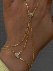 1pc Leaf Connecting Finger Chain Bracelet For Women, Minimalist Bohemian Design Rhinestone Hand Chain Jewelry