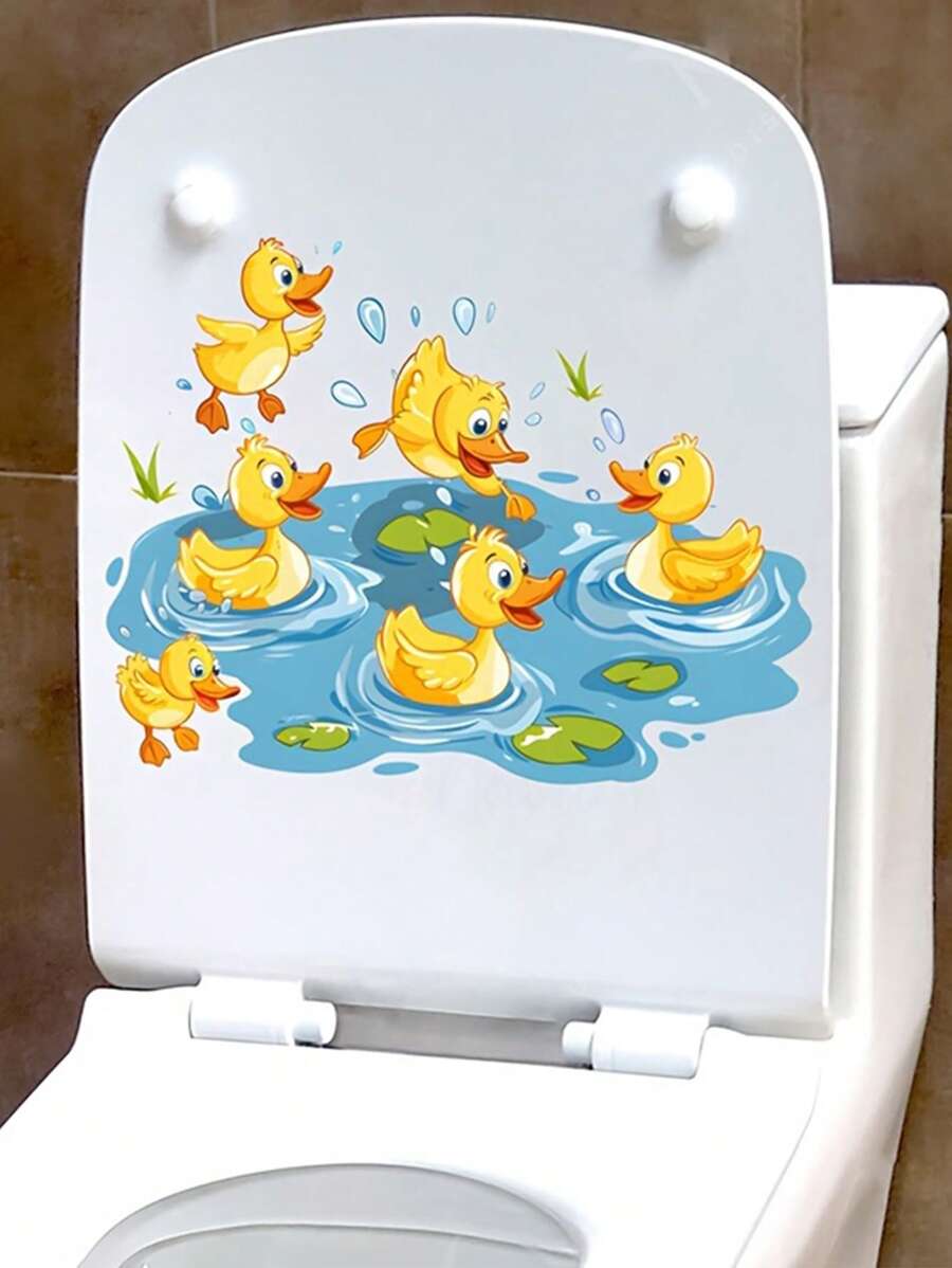 1 Piece Of Cartoon Duck Playing Water Toilet Stickers, Bathroom Toilet Beautification Decoration Toilet Lid Stickers, Bathroom Entrance Home Decoration Beautification Wall Sticker, Vinyl Decal For Home Decorations, Toilet Decoration Items Refresh Your Home Bathroom Decor Fall Decor